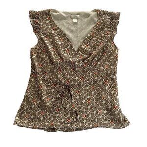 Ann Taylor Loft Women Blouse Y2K Geometric Print Ruffle Sleeve Waist Tie 12